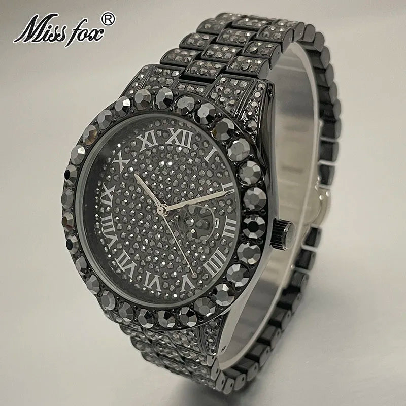 Hot Hip Hop Iced Out Watch for Mens Brand MISSFOX Fashion Bling Quartz Clocks Luxury Full Diamond Wrist Watches Man Reloj Hombre