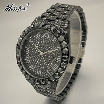 Hot Hip Hop Iced Out Watch for Mens Brand MISSFOX Fashion Bling Quartz Clocks Luxury Full Diamond Wrist Watches Man Reloj Hombre