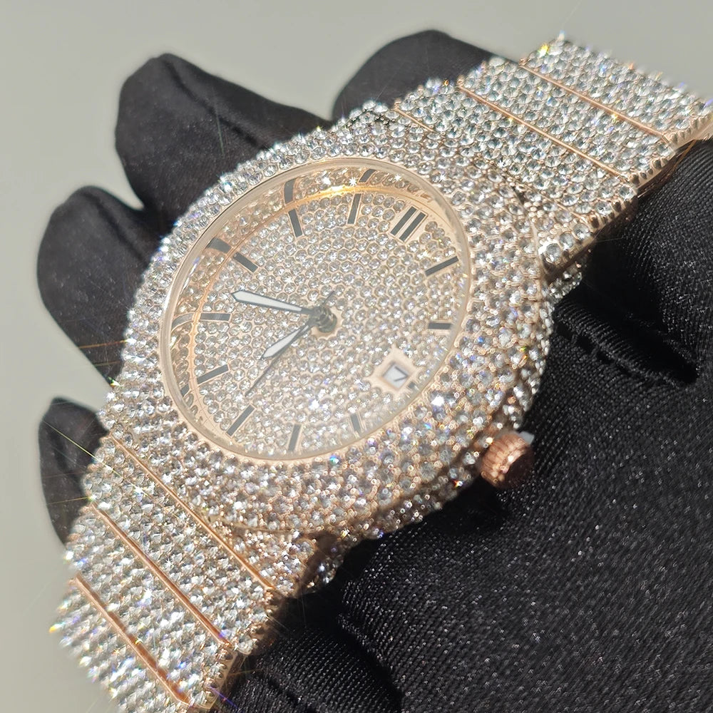 Hot New Luxury Watches For Men Full Diamond Iced Hip Hop Stylish Quartz Watch For Male Waterproof Calendar Men's Wristwatches