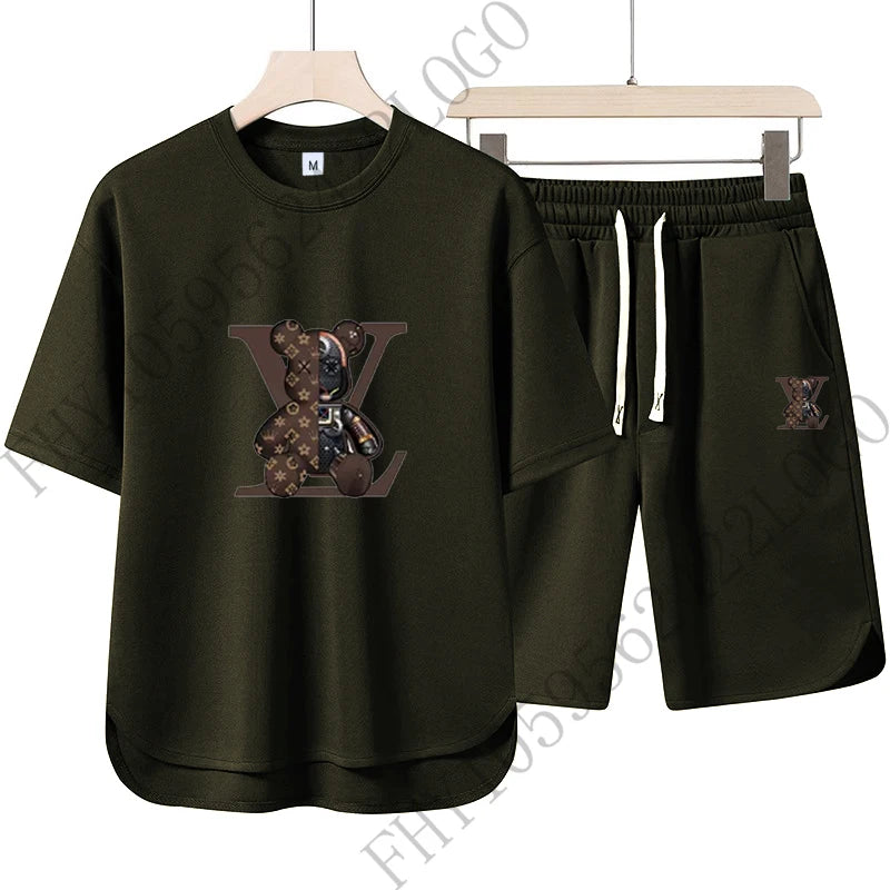 2025 Summer Street men fashion Breathable fitness sports fashion high quality printed short sleeve T-shirt + jogging shorts set