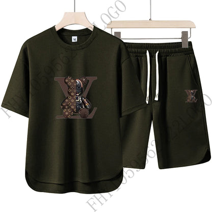 2025 Summer Street men fashion Breathable fitness sports fashion high quality printed short sleeve T-shirt + jogging shorts set