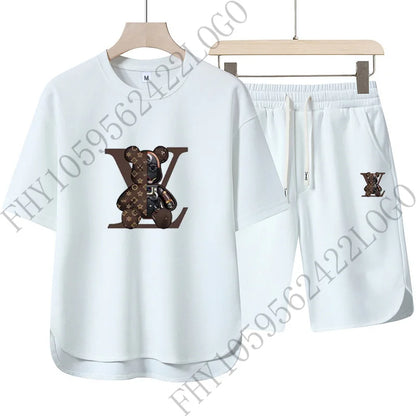 2025 Summer Street men fashion Breathable fitness sports fashion high quality printed short sleeve T-shirt + jogging shorts set
