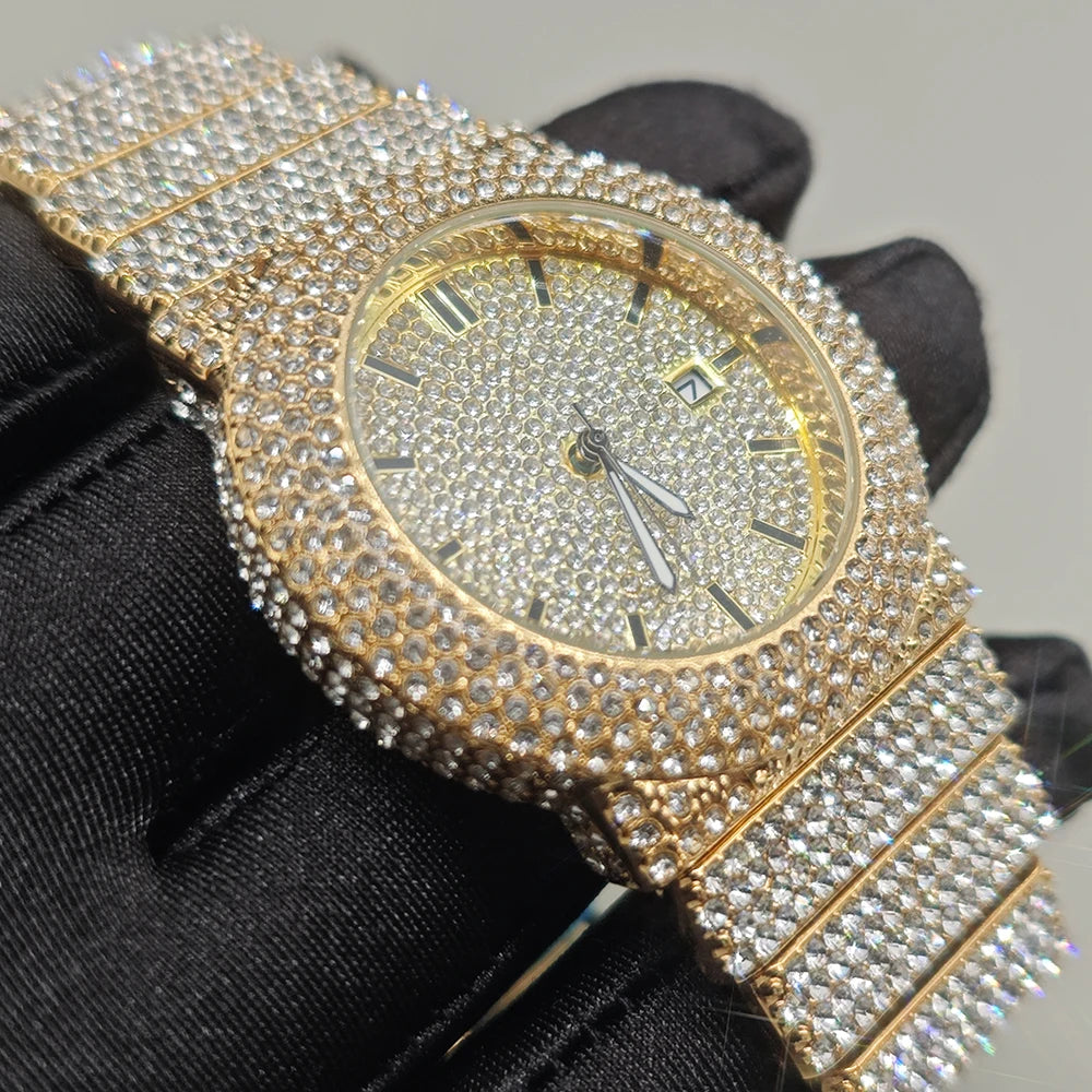 Hot New Luxury Watches For Men Full Diamond Iced Hip Hop Stylish Quartz Watch For Male Waterproof Calendar Men's Wristwatches