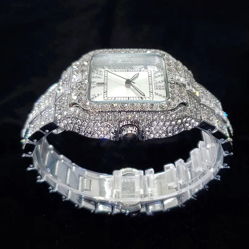 Luxury Diamond Watch Men Hip Hop Bling Iced Out Quartz Watches Fashion Blue Dial Silver Shiny Party Jewelry Relojes Dropshipping