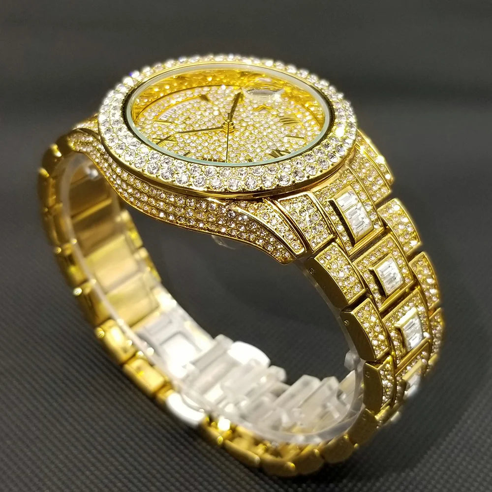 Luxury Shiny Diamond Watch For Men Hip Hop Trendy Iced Out Quartz Watches High Quality Stainless Steel Waterproof Day Date Clock