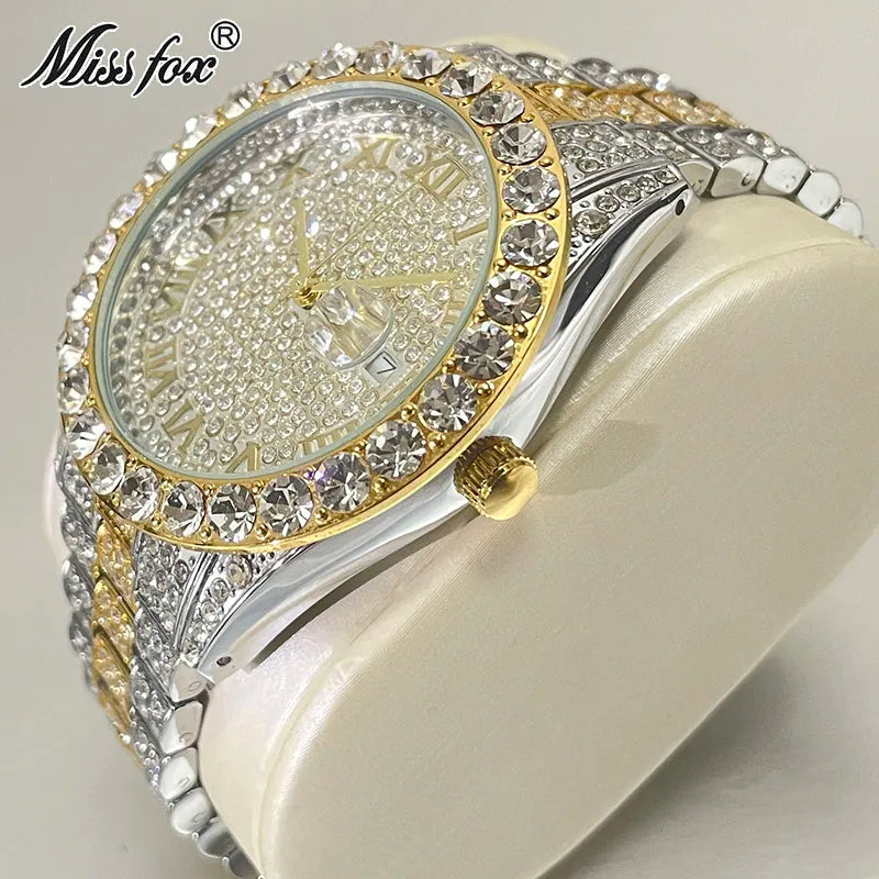 Hot Hip Hop Iced Out Watch for Mens Brand MISSFOX Fashion Bling Quartz Clocks Luxury Full Diamond Wrist Watches Man Reloj Hombre