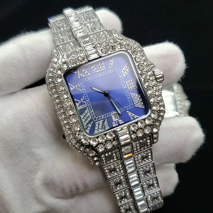 Luxury Diamond Watch Men Hip Hop Bling Iced Out Quartz Watches Fashion Blue Dial Silver Shiny Party Jewelry Relojes Dropshipping
