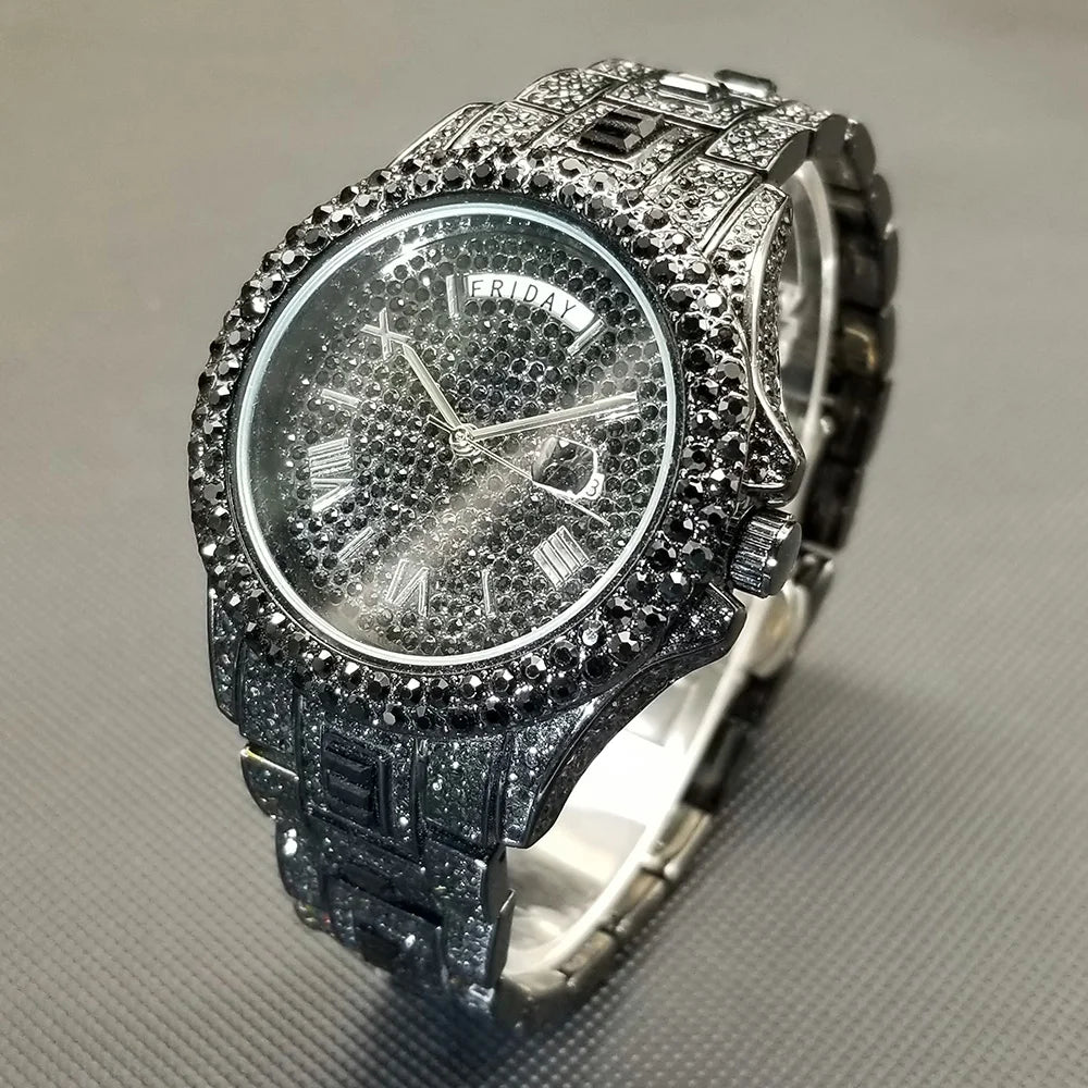 Luxury Shiny Diamond Watch For Men Hip Hop Trendy Iced Out Quartz Watches High Quality Stainless Steel Waterproof Day Date Clock