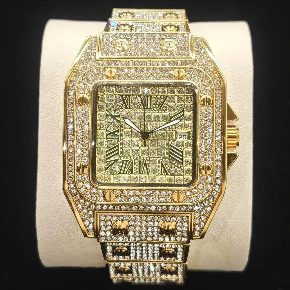 “Gold-plated luxury wristwatch with iced-out Cuban link band”
