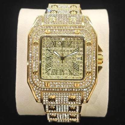 “Gold-plated luxury wristwatch with iced-out Cuban link band”
