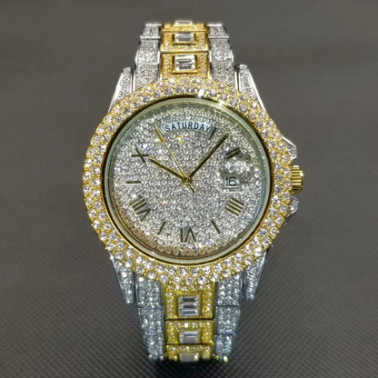 Luxury Shiny Diamond Watch For Men Hip Hop Trendy Iced Out Quartz Watches High Quality Stainless Steel Waterproof Day Date Clock