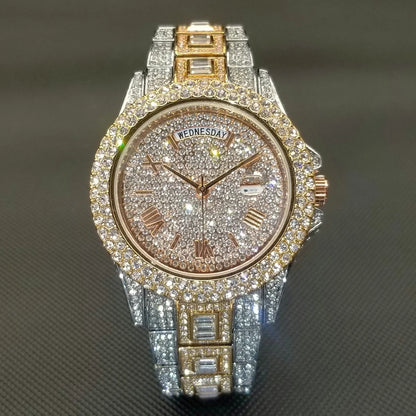 Luxury Shiny Diamond Watch For Men Hip Hop Trendy Iced Out Quartz Watches High Quality Stainless Steel Waterproof Day Date Clock