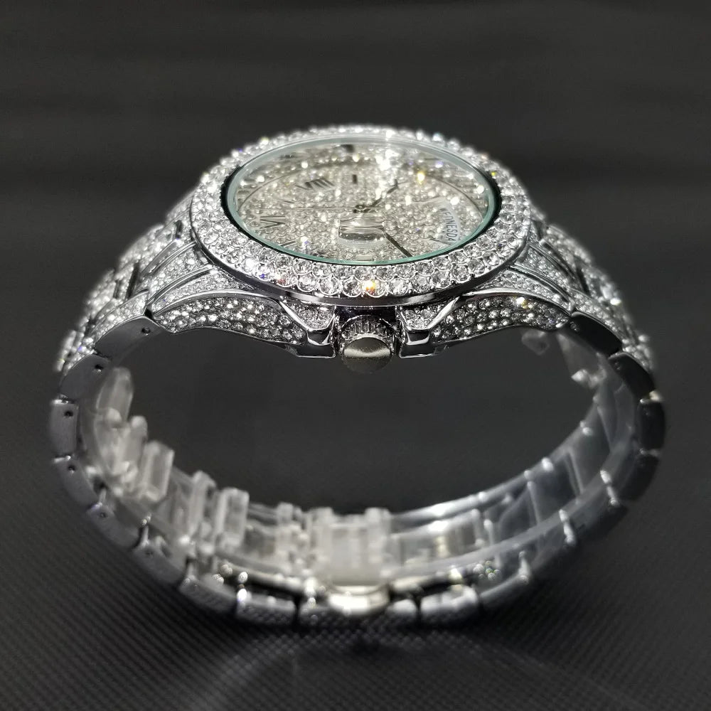 Luxury Shiny Diamond Watch For Men Hip Hop Trendy Iced Out Quartz Watches High Quality Stainless Steel Waterproof Day Date Clock