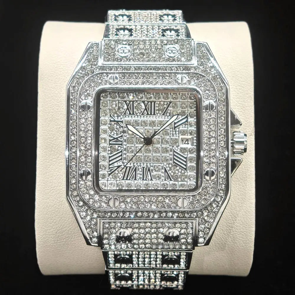 “Gold-plated luxury wristwatch with iced-out Cuban link band”
