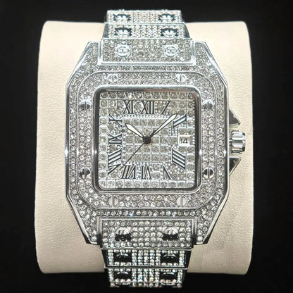 “Gold-plated luxury wristwatch with iced-out Cuban link band”
