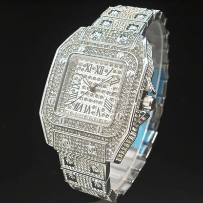 2025 Hot Sell Ice Watches Men Luxury Stainless Steel Hip Hop Full Diamond Square Quartz Wristwatch With Calendar Droshipping