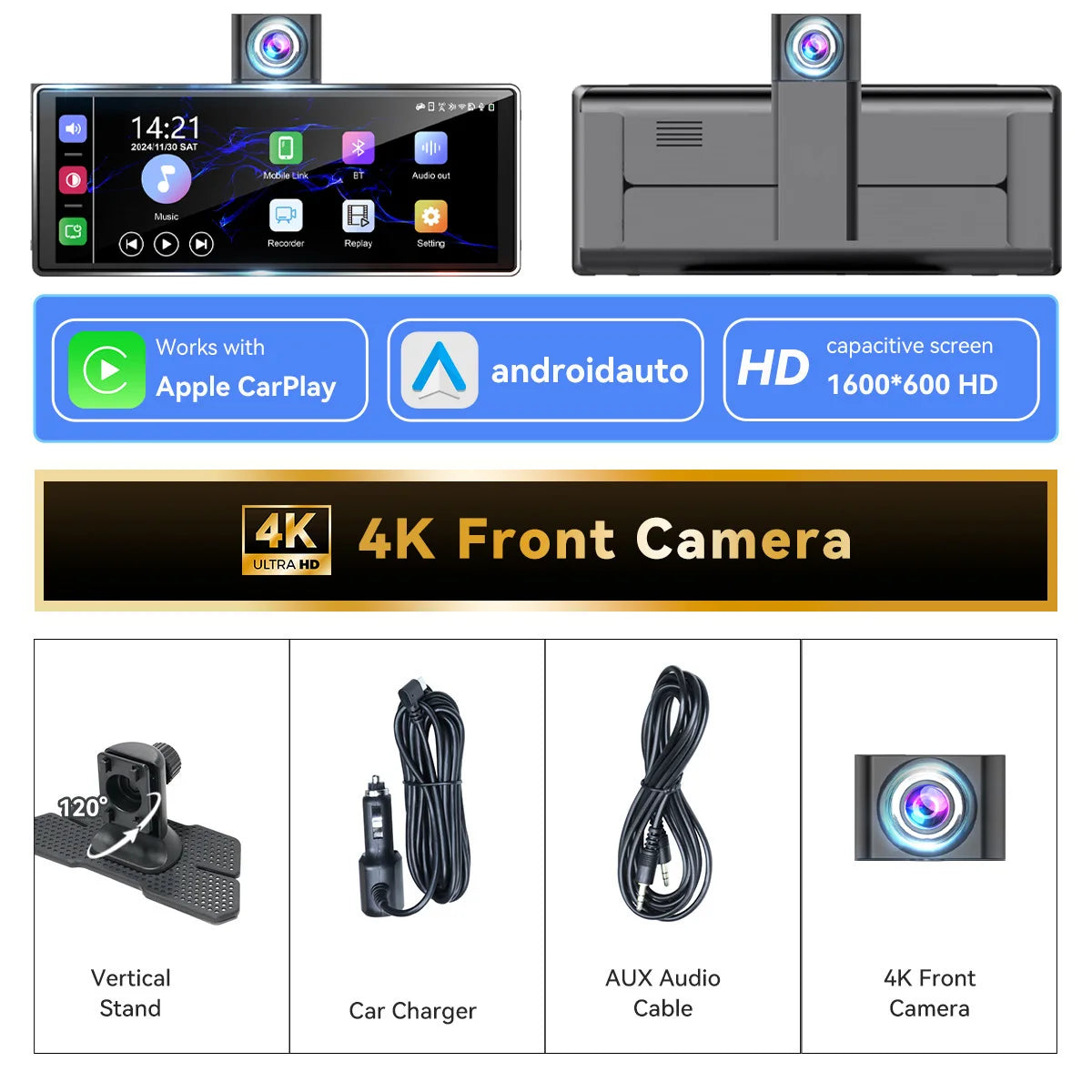 10.26" 4K/1080P Touch Car Stereo with CarPlay & Android Auto | Front & Rear Dash Cam, Night Vision, WiFi, Bluetooth, FM