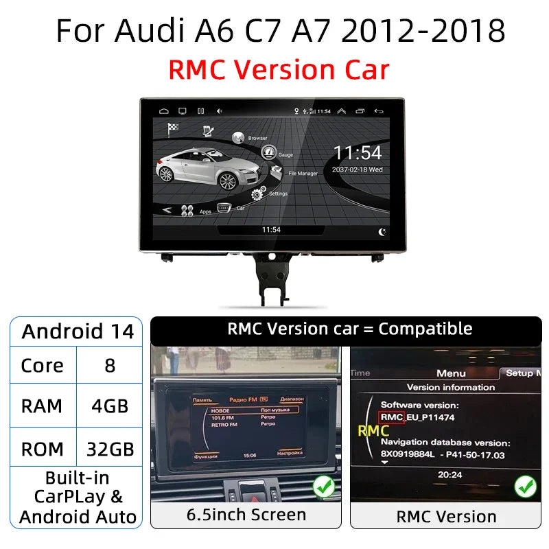 Android 14 Auto Radio Wireless Carplay Touch Screen For Audi A6 C7 A7 2012-2018 Car Multimedia Player Navigation Stereo GPS WIFI