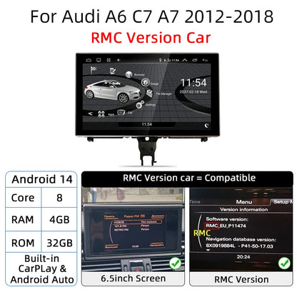 Android 14 Auto Radio Wireless Carplay Touch Screen For Audi A6 C7 A7 2012-2018 Car Multimedia Player Navigation Stereo GPS WIFI