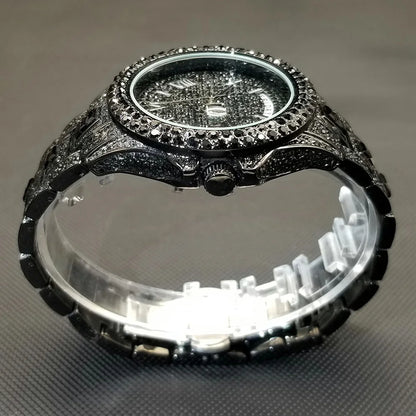 Luxury Shiny Diamond Watch For Men Hip Hop Trendy Iced Out Quartz Watches High Quality Stainless Steel Waterproof Day Date Clock