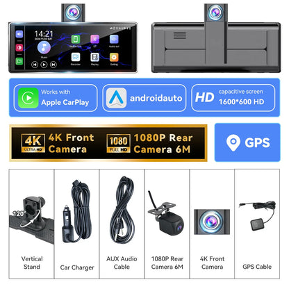 10.26" 4K/1080P Touch Car Stereo with CarPlay & Android Auto | Front & Rear Dash Cam, Night Vision, WiFi, Bluetooth, FM