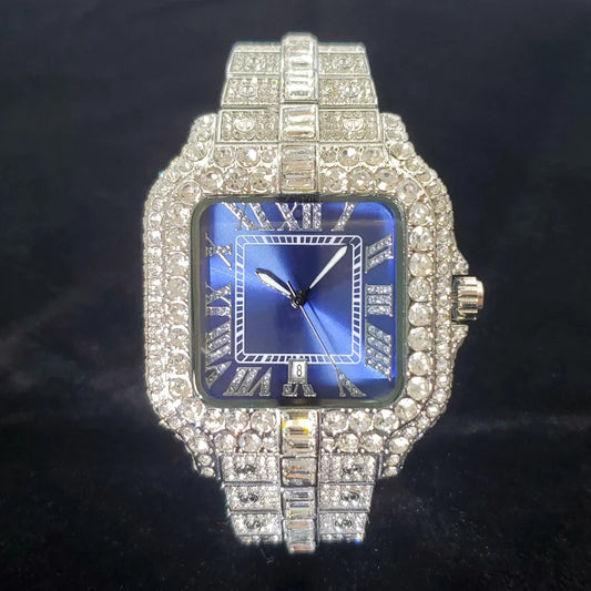 Luxury Diamond Watch Men Hip Hop Bling Iced Out Quartz Watches Fashion Blue Dial Silver Shiny Party Jewelry Relojes Dropshipping