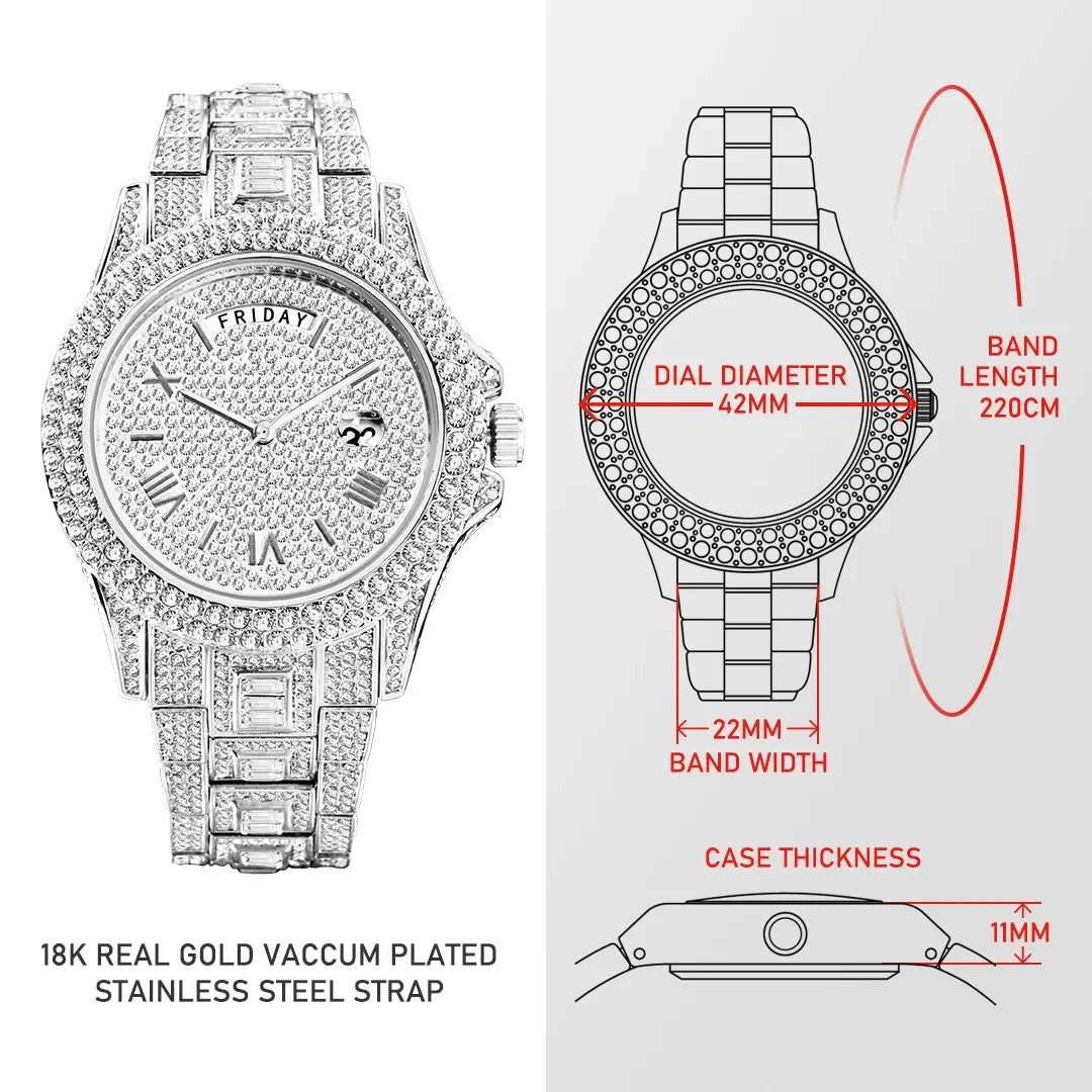 Luxury Shiny Diamond Watch For Men Hip Hop Trendy Iced Out Quartz Watches High Quality Stainless Steel Waterproof Day Date Clock
