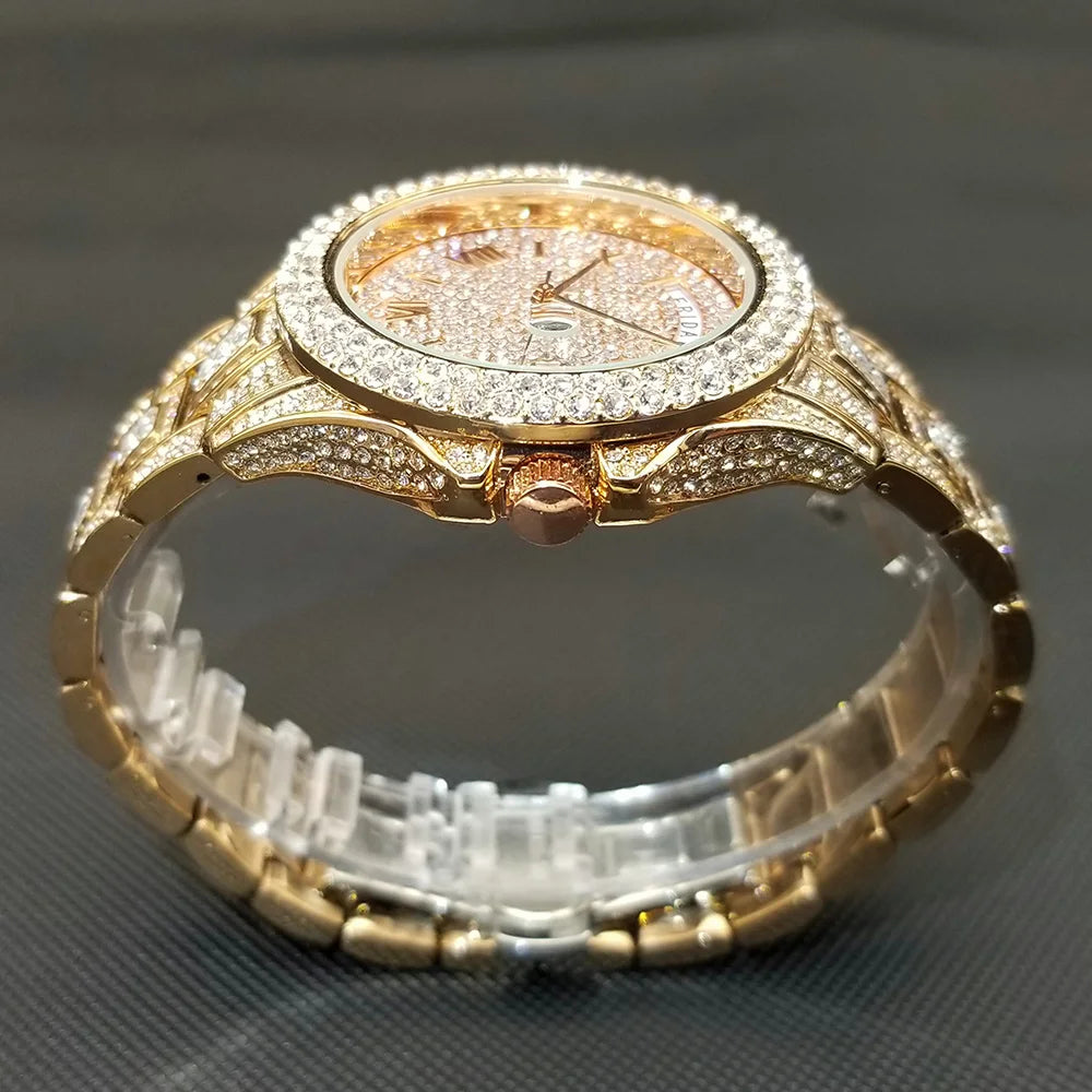 Luxury Shiny Diamond Watch For Men Hip Hop Trendy Iced Out Quartz Watches High Quality Stainless Steel Waterproof Day Date Clock