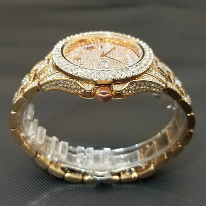 Luxury Shiny Diamond Watch For Men Hip Hop Trendy Iced Out Quartz Watches High Quality Stainless Steel Waterproof Day Date Clock