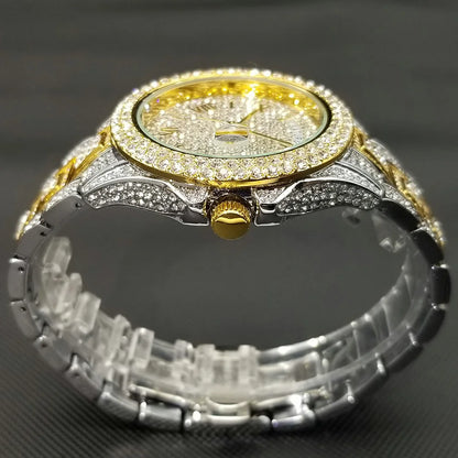 Luxury Shiny Diamond Watch For Men Hip Hop Trendy Iced Out Quartz Watches High Quality Stainless Steel Waterproof Day Date Clock