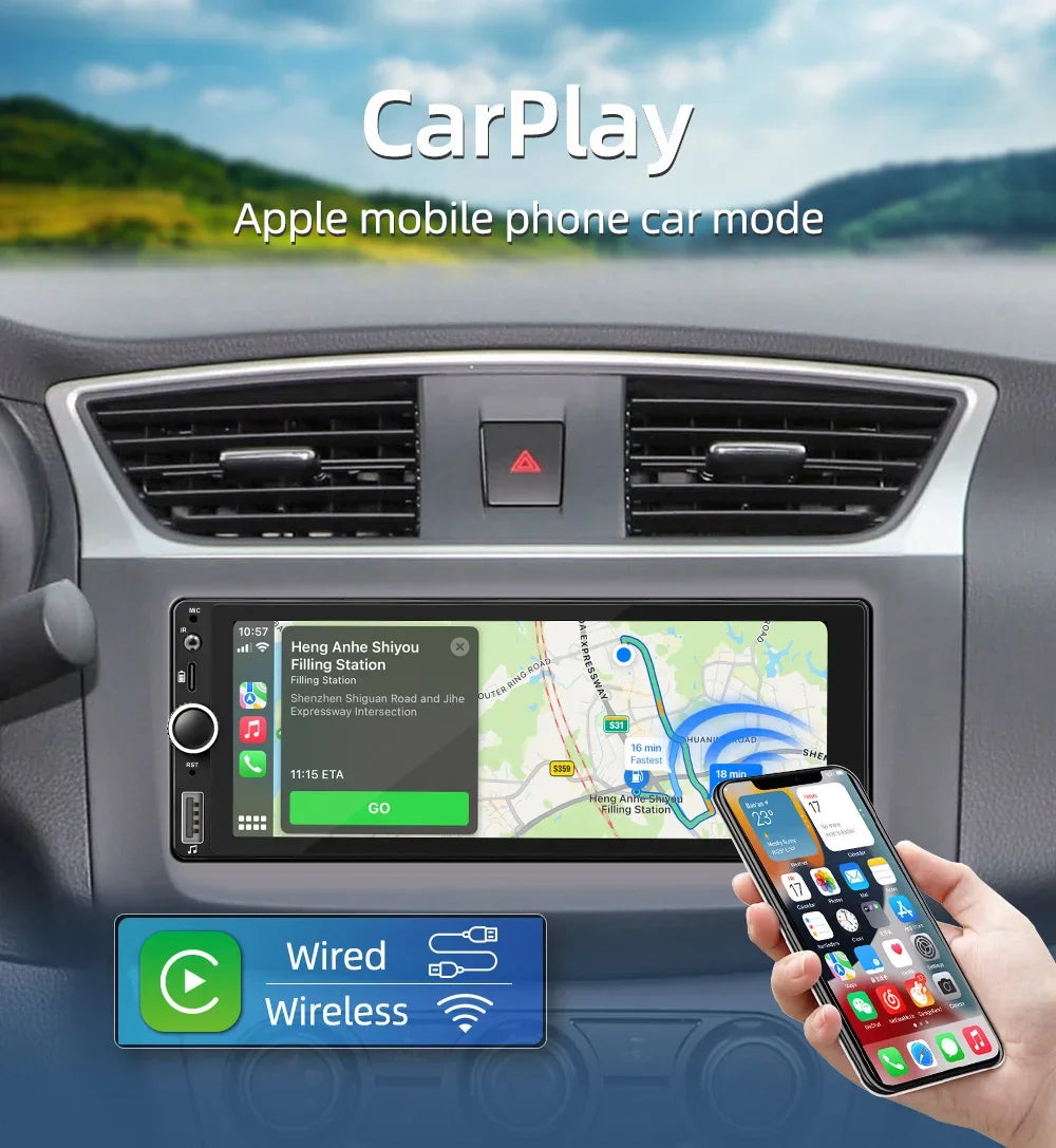 1din 6.86" HD Car Radio Multimedia Carplay Touch Screen Mirror Link Stereo Bluetooth USB FM Camera MP5 Player