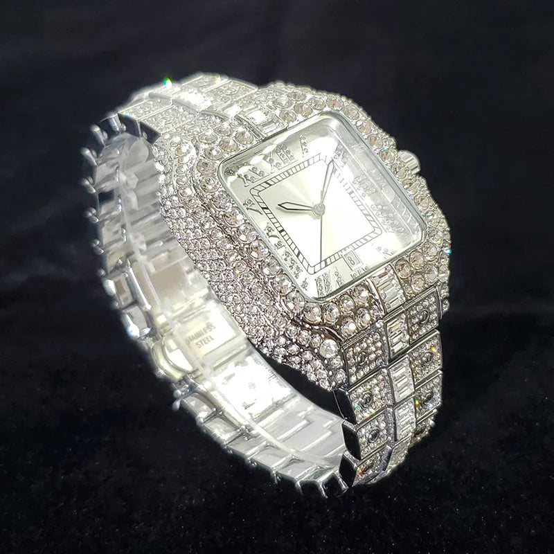 Luxury Diamond Watch Men Hip Hop Bling Iced Out Quartz Watches Fashion Blue Dial Silver Shiny Party Jewelry Relojes Dropshipping