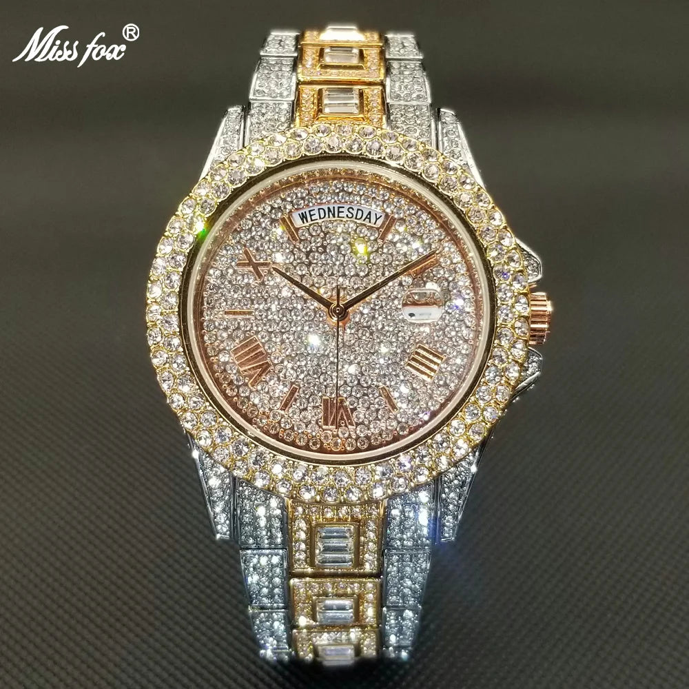 Luxury Shiny Diamond Watch For Men Hip Hop Trendy Iced Out Quartz Watches High Quality Stainless Steel Waterproof Day Date Clock