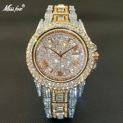 Luxury Shiny Diamond Watch For Men Hip Hop Trendy Iced Out Quartz Watches High Quality Stainless Steel Waterproof Day Date Clock
