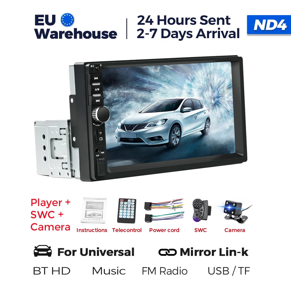 1DIN 7inch HD Touch Screen Universal Car Radio Multimedia Player MP5 Car-play Auto BT For Ford Honda Hyundai KIA Fiat VW Nissan