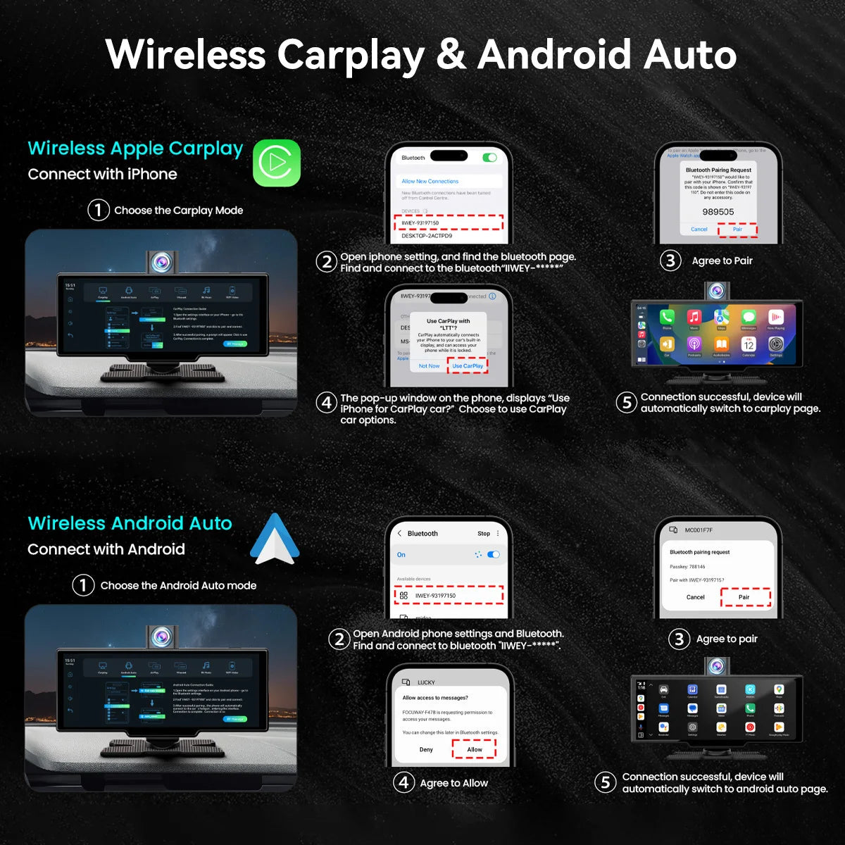 10.26" 4K/1080P Touch Car Stereo with CarPlay & Android Auto | Front & Rear Dash Cam, Night Vision, WiFi, Bluetooth, FM