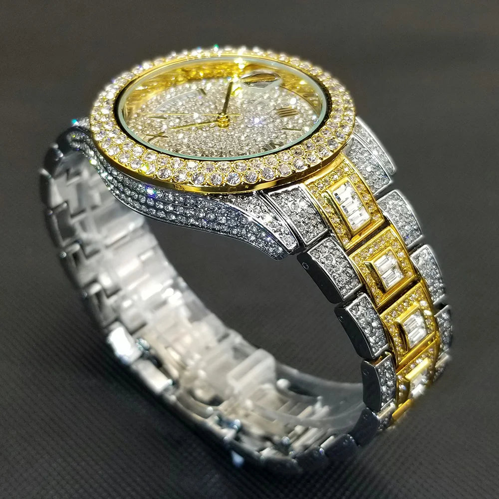 Luxury Shiny Diamond Watch For Men Hip Hop Trendy Iced Out Quartz Watches High Quality Stainless Steel Waterproof Day Date Clock