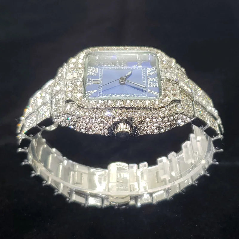 Luxury Diamond Watch Men Hip Hop Bling Iced Out Quartz Watches Fashion Blue Dial Silver Shiny Party Jewelry Relojes Dropshipping