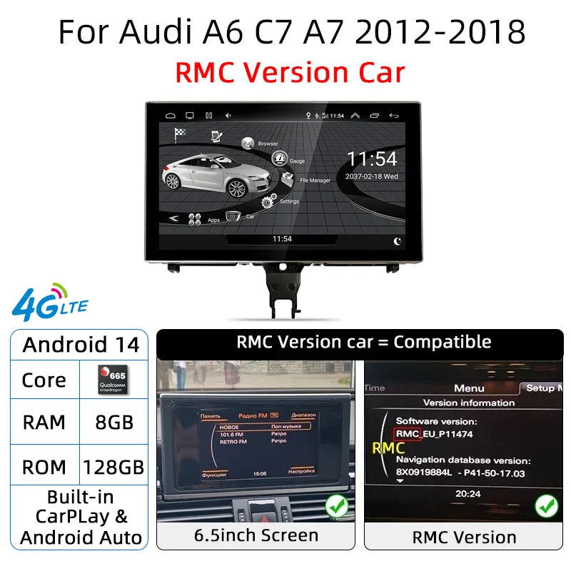 Android 14 Auto Radio Wireless Carplay Touch Screen For Audi A6 C7 A7 2012-2018 Car Multimedia Player Navigation Stereo GPS WIFI