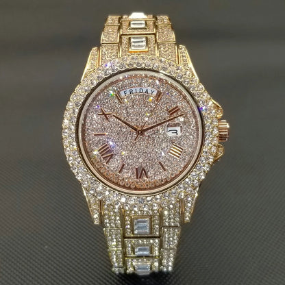 Luxury Shiny Diamond Watch For Men Hip Hop Trendy Iced Out Quartz Watches High Quality Stainless Steel Waterproof Day Date Clock