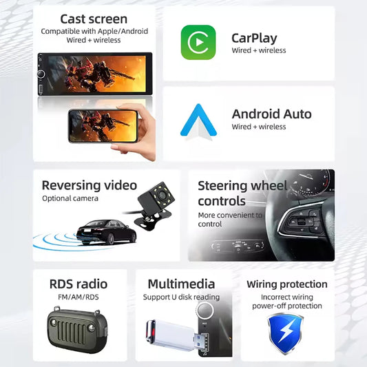 1din 6.86" HD Car Radio Multimedia Carplay Touch Screen Mirror Link Stereo Bluetooth USB FM Camera MP5 Player