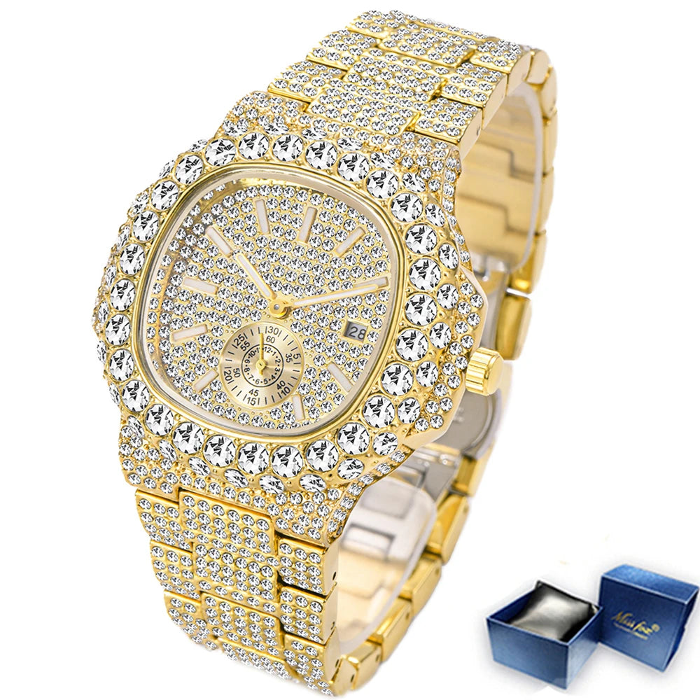 Hip Hop Brand MISSFOX Fashion Iced Out Watches Men Luxury Full Diamond 18K Gold Automatic Date Clock Steel Waterproof Watch Male