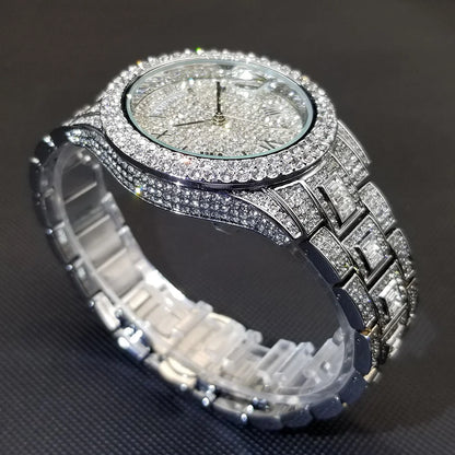 Luxury Shiny Diamond Watch For Men Hip Hop Trendy Iced Out Quartz Watches High Quality Stainless Steel Waterproof Day Date Clock
