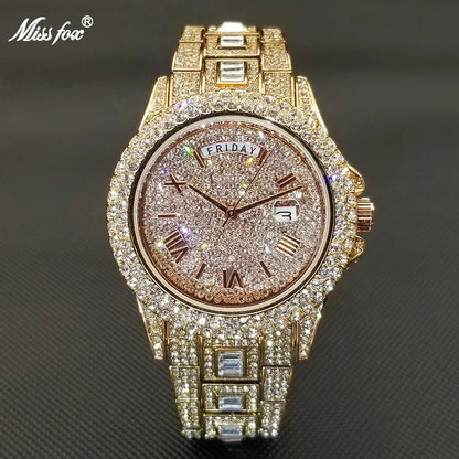 Luxury Shiny Diamond Watch For Men Hip Hop Trendy Iced Out Quartz Watches High Quality Stainless Steel Waterproof Day Date Clock