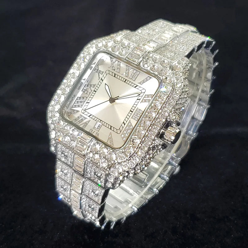 Luxury Diamond Watch Men Hip Hop Bling Iced Out Quartz Watches Fashion Blue Dial Silver Shiny Party Jewelry Relojes Dropshipping