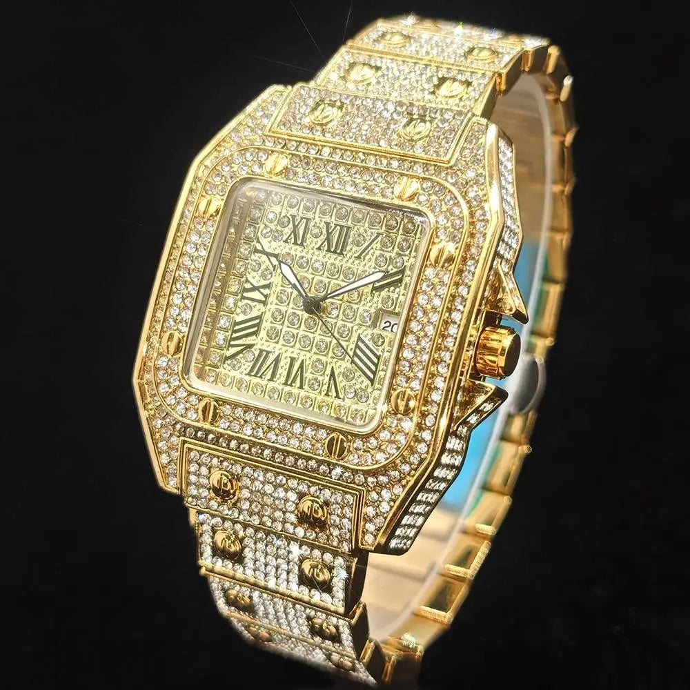 2025 Hot Sell Ice Watches Men Luxury Stainless Steel Hip Hop Full Diamond Square Quartz Wristwatch With Calendar Droshipping