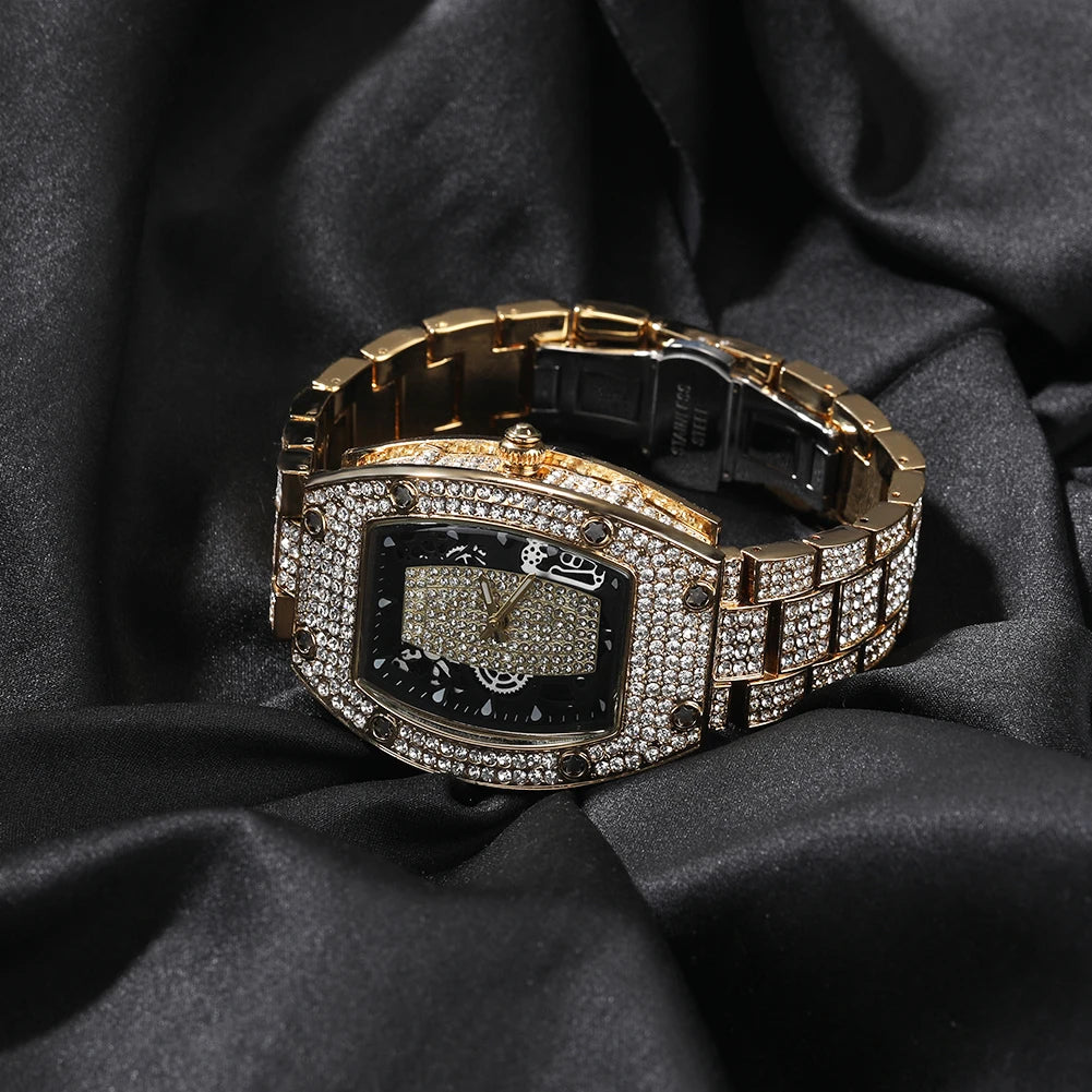 THE BLING KING Big Men's Watch Waterproof Full Iced Out Rectangle Dial Luxury Brand Quartz Automatic Wrist Mens Hiphop Watch