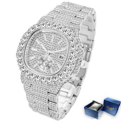 Hip Hop Brand MISSFOX Fashion Iced Out Watches Men Luxury Full Diamond 18K Gold Automatic Date Clock Steel Waterproof Watch Male