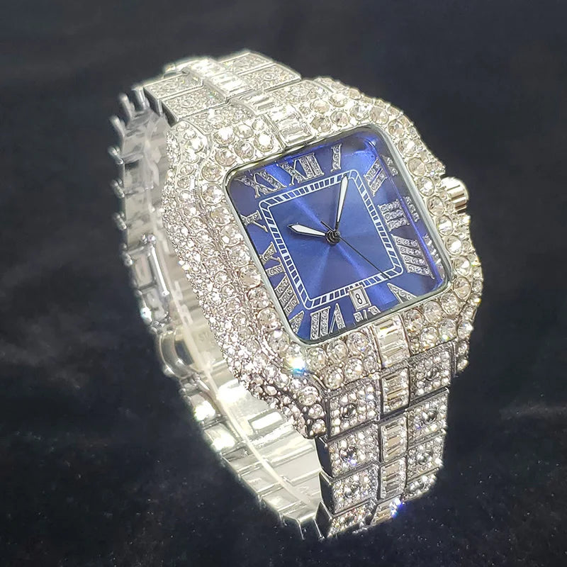 Luxury Diamond Watch Men Hip Hop Bling Iced Out Quartz Watches Fashion Blue Dial Silver Shiny Party Jewelry Relojes Dropshipping
