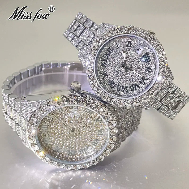 Hot Hip Hop Iced Out Watch for Mens Brand MISSFOX Fashion Bling Quartz Clocks Luxury Full Diamond Wrist Watches Man Reloj Hombre